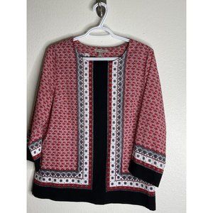 Roz & Ali Red Lightweight Blouse Women Small Patterned Long Sleeve Pop Over 